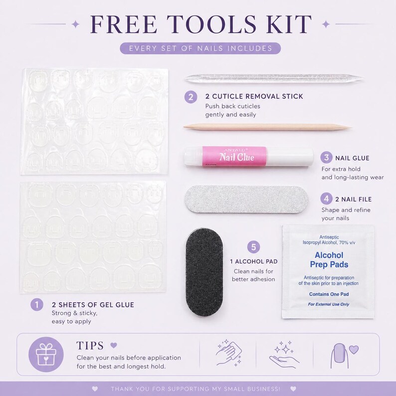 press on nails kit tools included, nail glue gel tabs nail file cuticle stick alcohol prep pad, manicure set for easy application at home, everything you need for long lasting press on nails, beginner friendly nail kit accessories, wubunails