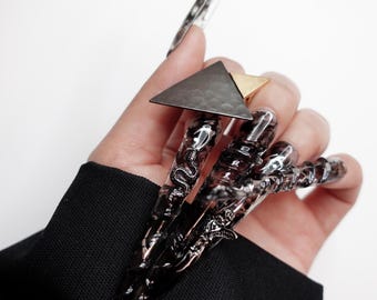Gothic Press On Nails: 3D Black Snake Extra Long Stiletto Fake Nails