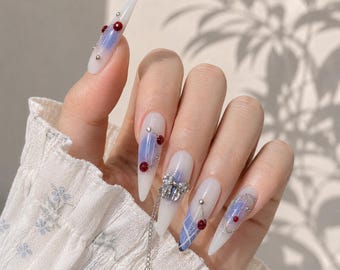 Cherry Press On Nails | Blue White Y2K Coquette Bow Long Almond Custom Fake Nails