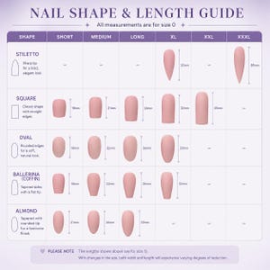 press on nails shape guide stiletto square oval ballerina coffin almond shapes comparison, nail length chart short medium long xl xxl xxxl in mm, choose the best nail shape for your fingers, visual guide for nail styles and lengths for press on nails, wubunails