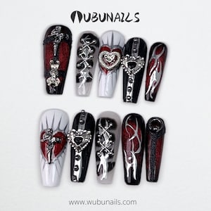 Handmade Gothic Press on Nails 3D Gel Black & White Punk Fake Nails Dark Witchy Style Nails for Cosplay, Halloween Nails, Y2K Press on nails