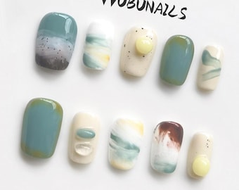 3D Abstract Press On Nails: Blue Green Handmade Fake Nails