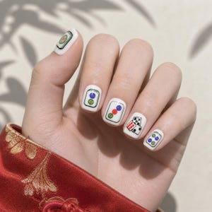 Mahjong Press On Nails | Short Square White Chinese New Year Custom Fake Nails