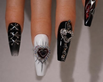 Gothic Press on Nails |Coffin Black Red Heart Metal Stud Dark Edgy Halloween Nails