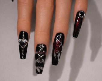 Gothic Press on Nails |Coffin Black Red Heart Metal Stud Dark Edgy Halloween Nails