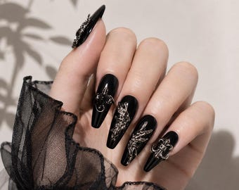 Black Press On Nails | Long Ballerina Silver Metal Gothic 3D Sculpture Custom Fake Nails