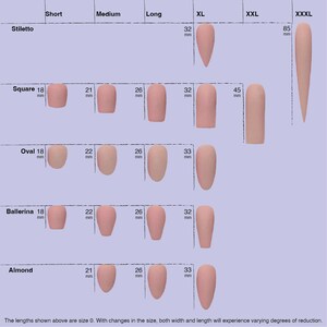 May include: A guide to nail shapes and lengths, featuring Stiletto, Square, Oval, Ballerina, and Almond designs. Sizes range from Short to XXXL, with measurements in mm. The nails are a pale pink hue. The chart shows how the length varies.