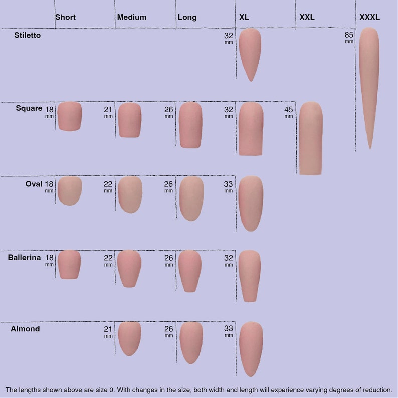 May include: A guide to nail shapes and lengths, featuring Stiletto, Square, Oval, Ballerina, and Almond designs. Sizes range from Short to XXXL, with measurements in mm. The nails are a pale pink hue. The chart shows how the length varies.