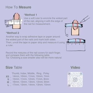 Puede incluir: Una gu&iacute;a sobre c&oacute;mo medir el tama&ntilde;o de los dedos para las cubiertas de u&ntilde;as. La imagen muestra dos m&eacute;todos para medir el tama&ntilde;o de los dedos usando una regla y cinta adhesiva. Se incluye una tabla de tallas con medidas para el pulgar, &iacute;ndice, medio, anular y me&ntilde;ique en mil&iacute;metros. La tabla incluye las tallas XS, S, M y L. Tambi&eacute;n se incluye un c&oacute;digo QR para un video.
