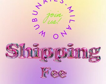 May include: A pink and purple iridescent balloon spelling "Shipping Fee" with a purple circle in the background that says "WUBUNAILS.MILANO join us!"