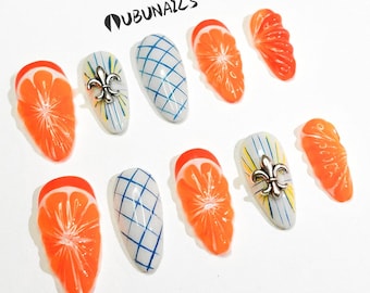 Uñas press on con cítricos en 3D para fiesta de cumpleaños, uñas falsas estilo italiano hechas a mano con acentos cítricos para otoño