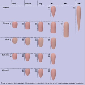 May include: Chart showing different nail shapes and sizes in millimeters. The shapes include stiletto, square, oval, ballerina, and almond. The sizes range from 18 mm to 85 mm.