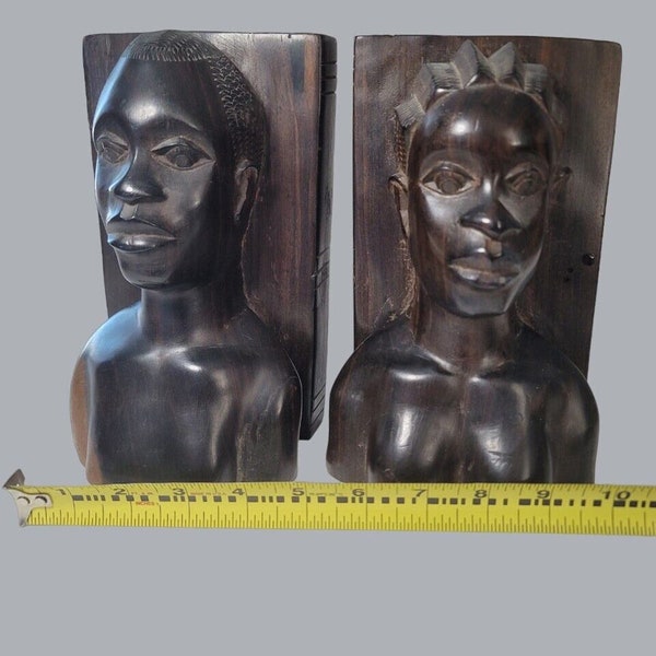 Vintage Solid Wood Male/Female Tribal African Hand Carved Bookends, Very heavy.