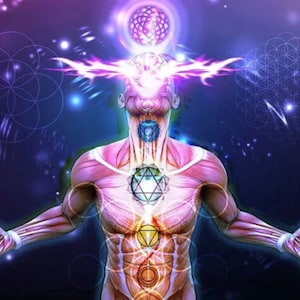 May include: A digital illustration of a human figure with a glowing third eye and a series of colourful chakras, surrounded by a purple and blue background with geometric patterns.