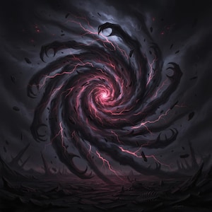 May include: A digital illustration of a dark, swirling vortex with clawed appendages reaching out. The center glows with a bright pink light, and pink lightning bolts emanate from the core. The background is a desolate landscape.