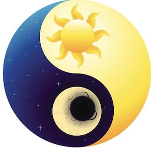 May include: A yin yang symbol with a yellow sun on one side and a white moon with a black crescent on the other side. The background is blue with white stars on one side and yellow on the other.