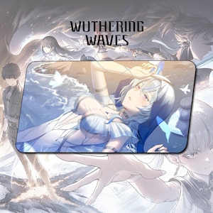 May include: A white and blue mousepad with a woman in a white dress lying on a beach with the text "WUTHERING WAVES" at the top.