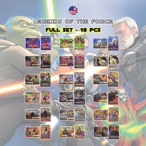 Op de afbeelding: Een complete set van 18 verzamelkaarten met personages uit Legends of the Force. De kaarten tonen personages in actieposes, met levendige kleuren en gedetailleerde illustraties. De set bevat een verscheidenheid aan personages.