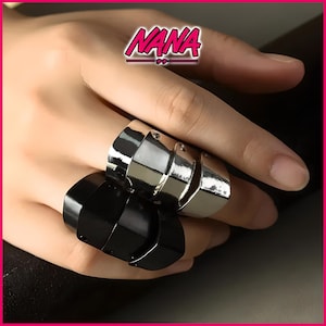 Anillo Nana Plata / Negro | Anillos de nudillos con diseño punk gótico rock en espiral | Regalos de joyería para cosplay