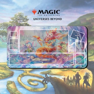 May include: A rectangular playmat featuring a colorful fantasy illustration with the text "MAGIC THE GATHERING UNIVERSES BEYOND." The artwork depicts a mermaid-like creature and several other characters in a vibrant, aquatic setting. The mat has designated zones for gameplay.