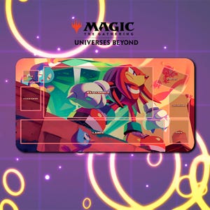 May include: A rectangular playmat featuring a vibrant illustration of a red echidna-like character with a yellow beak and white gloves. The mat has designated zones for Commander, Battlefield, Lands, and other game elements. The Magic: The Gathering and Universes Beyond logos are at the top.