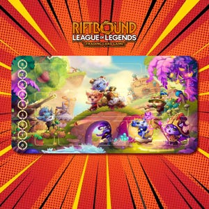 May include: A rectangular Riftbound League of Legends trading card game playmat. The mat features a colorful fantasy landscape with cartoon characters, bridges, and buildings. The top of the mat has a text that says "Riftbound League of Legends Trading Card Game".