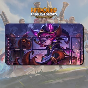 Puede incluir: Una alfombrilla de juego rectangular de Riftbound League of Legends. La alfombrilla presenta una ilustración vibrante de un personaje con cabello morado y rosa. La alfombrilla tiene zonas designadas para cartas, incluyendo Champion, Legend y Rune Deck.