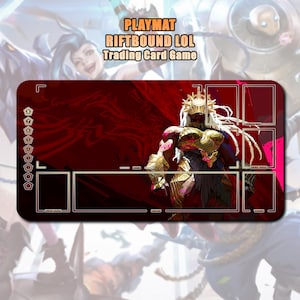 May include: A rectangular playmat for the RIFTBOUND LOL Trading Card Game featuring a deep red background with a central illustration of a warrior in gold armor and a white-haired helmet. The mat includes printed game zones and a numbered column.