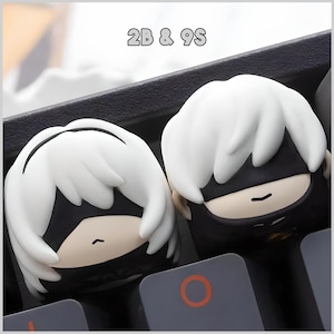 Cute Nier Automata 2B & 9S Keycaps - Handmade Cherry MX Keycaps for Custom Mechanical Keyboards