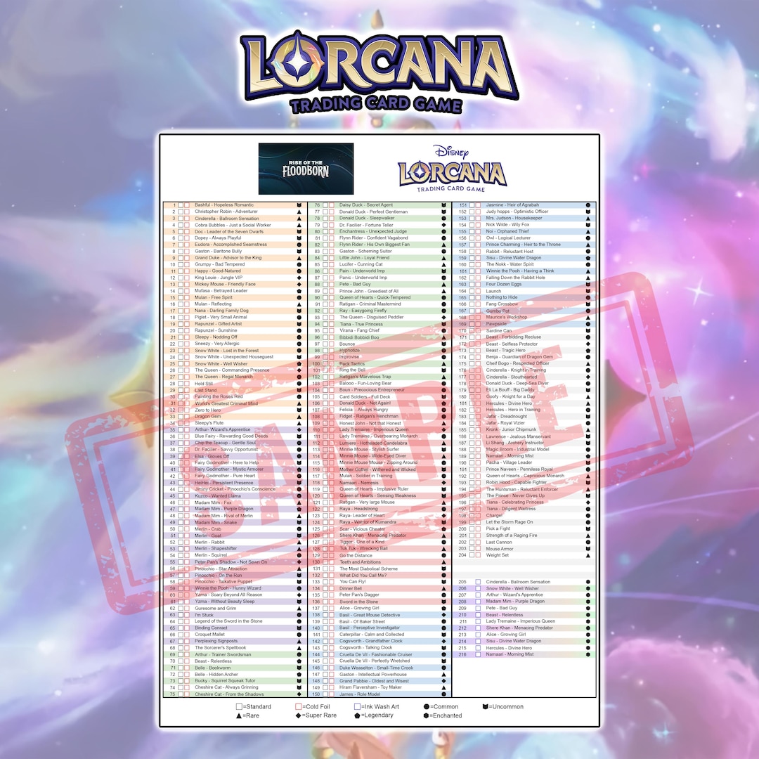 Rise of the Floodborn Checklist Lorcana English Version / Master Set / Card  List, Rarity, Foil, Ink Color / Perfect for Collectors/ PDF File - Etsy  Ireland