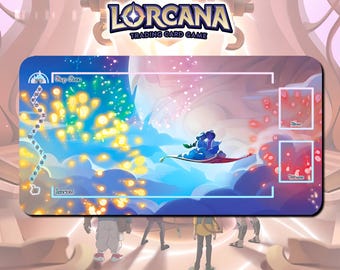 May include: A rectangular playmat for the Lorcana Trading Card Game. The mat features a colorful illustration of a couple on a magic carpet, with a score tracker and game zones. The Lorcana logo is at the top.