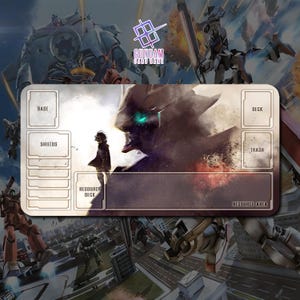 May include: A rectangular Gundam card game playmat featuring a detailed illustration of mecha and a figure. The playmat has designated areas for cards, including "Base," "Shields," and "Resource Deck." The Gundam Card Game logo is visible.