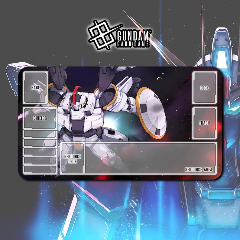 May include: A Gundam card game playmat featuring a white and grey robot with a red head crest, holding a shield. The playmat has designated areas for base, shields, resource deck, deck, trash, and resource area. The Gundam Card Game logo is at the top.