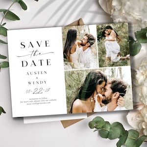 Biglietto d'invito per matrimonio salva-data con collage, foto alla moda, design bianco pulito, biglietto per matrimonio moderno, invito a nozze unico