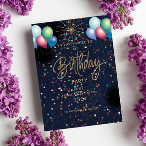 Let's Celebrate Party Invitation Editable Template, Surprise Birthday Party Invites, Anniversary Invites, Black Neutral Invite