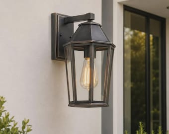 Handgemachte marokkanische Kupfer Wandlaterne, schwarze Patina Außenleuchte, Glas Veranda Leuchte