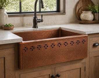 Handmade Hammered Copper Farmhouse Sink | Moroccan Apron Front Kitchen Basin | Rustic Single Bowl