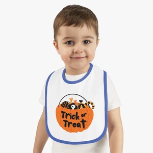 Jack-O-Lantern &quot;Trick or Treat&quot; Graphic - Rabbit Skins Baby Contrast Trim Jersey Bib - 5 Colors