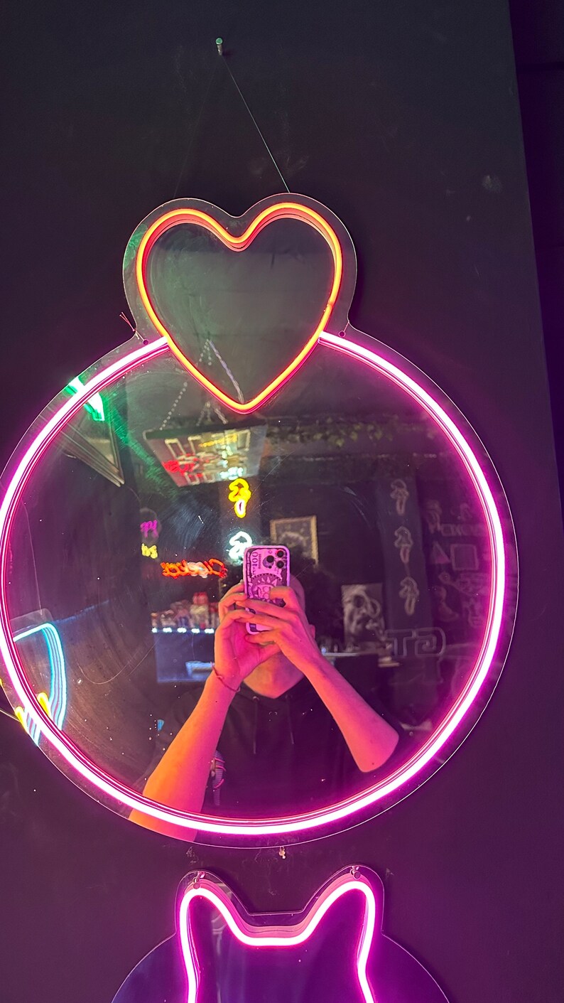 Heart Mirror Neon Sign, Led Neon Sign, Circle Heart Selfie Mirror Neon