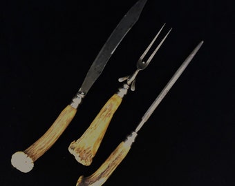 Antique 3 Piece Carving Set w/ Staghorn and Sterling Handles