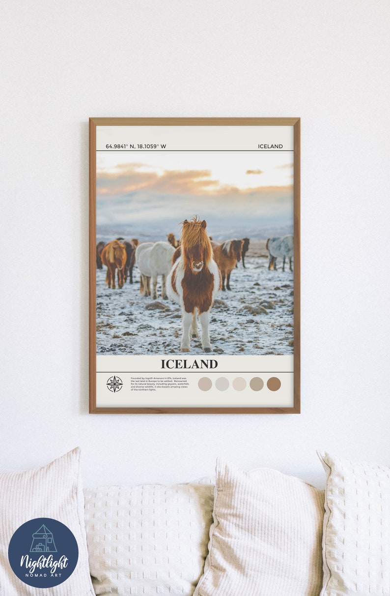 Op de afbeelding: Een ingelijste poster met een foto van IJslandse paarden in een besneeuwd veld. De poster bevat een kompas, de tekst "IJsland" en een kleurenpalet in beige, bruin en wit.