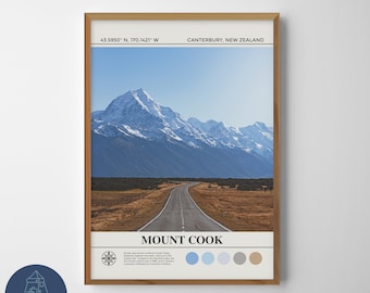May include: A framed poster with a scenic view of Mount Cook, New Zealand. The poster features a winding road leading towards the snow-capped mountain peak. The text "Mount Cook" is displayed in bold letters at the bottom of the poster, along with the coordinates "43.5950° N, 170.1421° W" and "Canterbury, New Zealand".