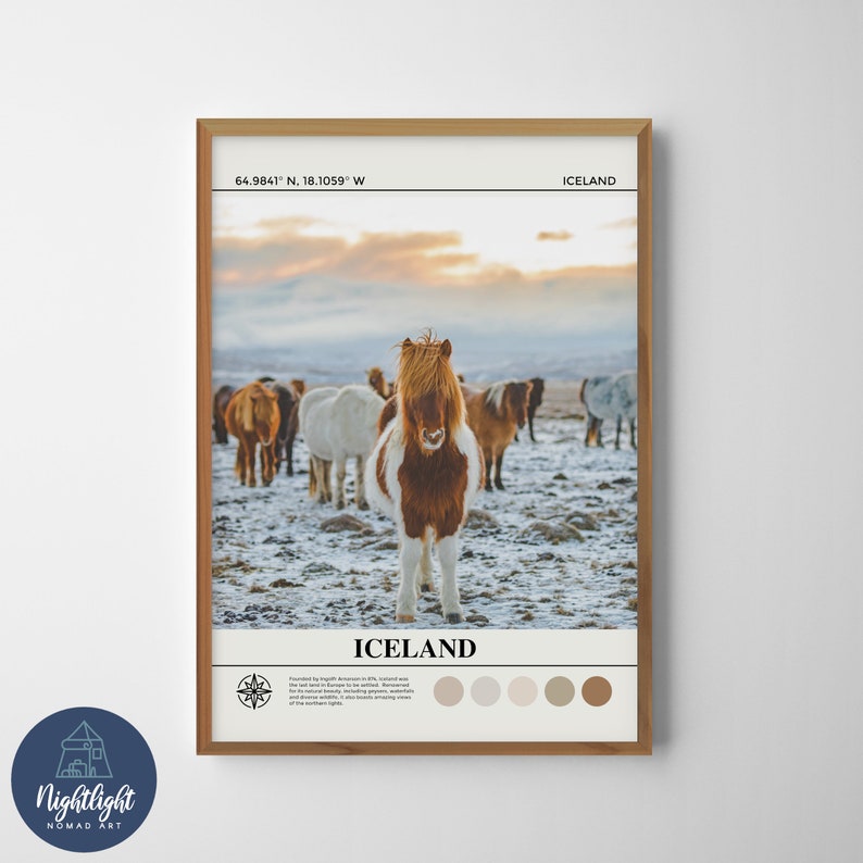 Op de afbeelding: Een poster met een foto van een groep IJslandse paarden in een besneeuwd veld. De poster heeft een witte achtergrond met de tekst "IJsland" en de co&ouml;rdinaten "64.9841&deg; N, 18.1059&deg; W" bovenaan. De poster bevat ook een kompasroos en een kleurenpalet.