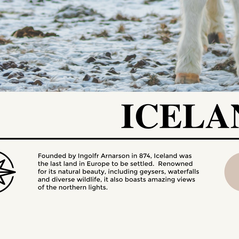 Op de afbeelding: Een zwart-wit kompasicoon op een witte achtergrond. De tekst "ICELAND" staat in vetgedrukte zwarte letters boven het kompas. Onder het kompas staat een beschrijving van IJsland, waarin staat dat het in 874 werd gesticht door Ingolfr Arnarson en het laatste land in Europa was dat werd gekoloniseerd. Het is bekend om zijn natuurlijke schoonheid, waaronder geisers, watervallen en een gevarieerde fauna. Het biedt ook adembenemende uitzichten op het noorderlicht.