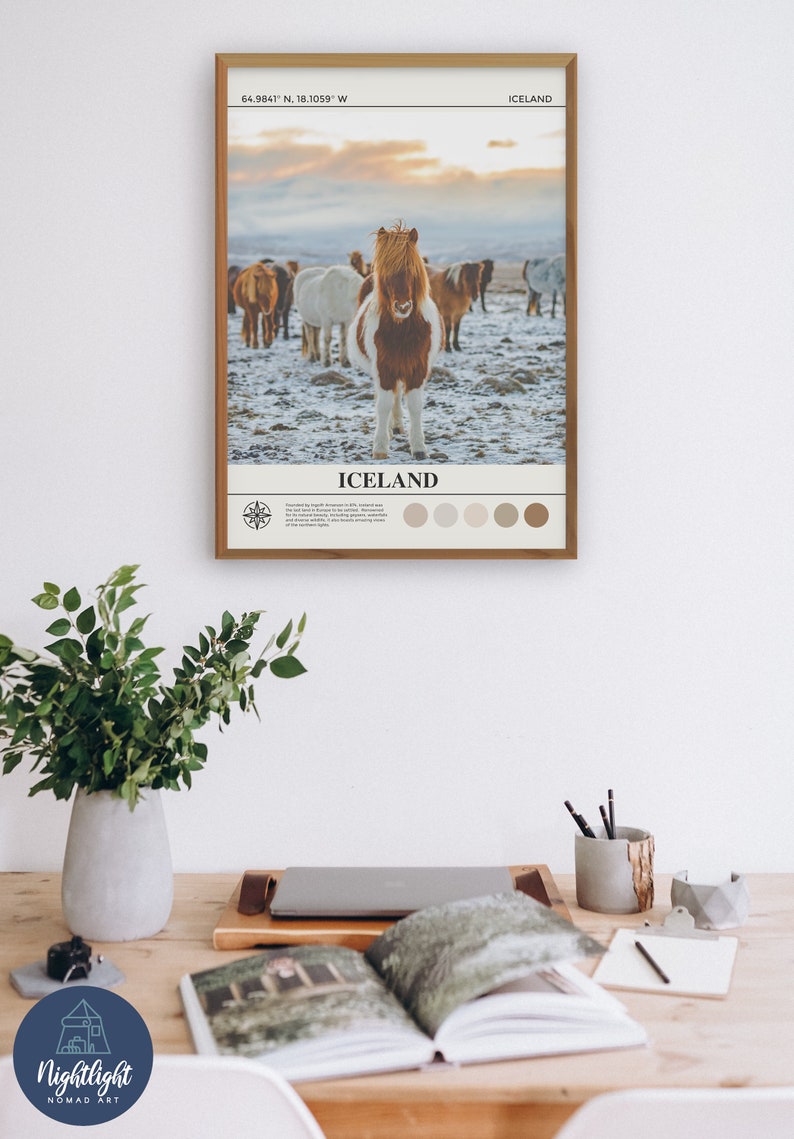 Op de afbeelding: Een minimalistische poster met een bruine houten lijst met een foto van een kudde IJslandse paarden in een besneeuwd veld. De poster heeft de tekst "IJsland" en co&ouml;rdinaten "64.9841&deg; N, 18.1059&deg; W" bovenaan. De poster bevat ook een kompasroos en een kleurenpalet.