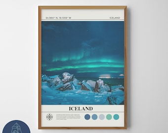 Reykjavik noorderlicht nacht IJsland digitaal olieverfschilderij | IJsland kunst aan de muur | IJsland-poster | IJsland muur decor tekening | IJsland