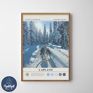 Finlandia Laponia Huskies Sleigh Sledge Ride Cyfrowy obraz olejny | Finlandia Laponia Wall Art | Finlandia Laponia Plakat | Laponia Decor Rysunek