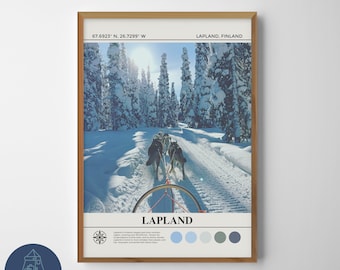 Finland Lapland Huskies slee slee rit digitaal olieverfschilderij | Finland Lapland kunst aan de muur | Finland Lapland-poster | Lapland Decortekening
