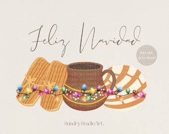 May include: Feliz Navidad! A festive illustration featuring a brown clay pot with fairy lights, two brown pastries with fairy lights, and a white pastry with fairy lights. The illustration is on a light brown background.