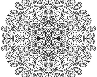 May include: Black and white intricate mandala design with a circular pattern of leaves, flowers, and geometric shapes.